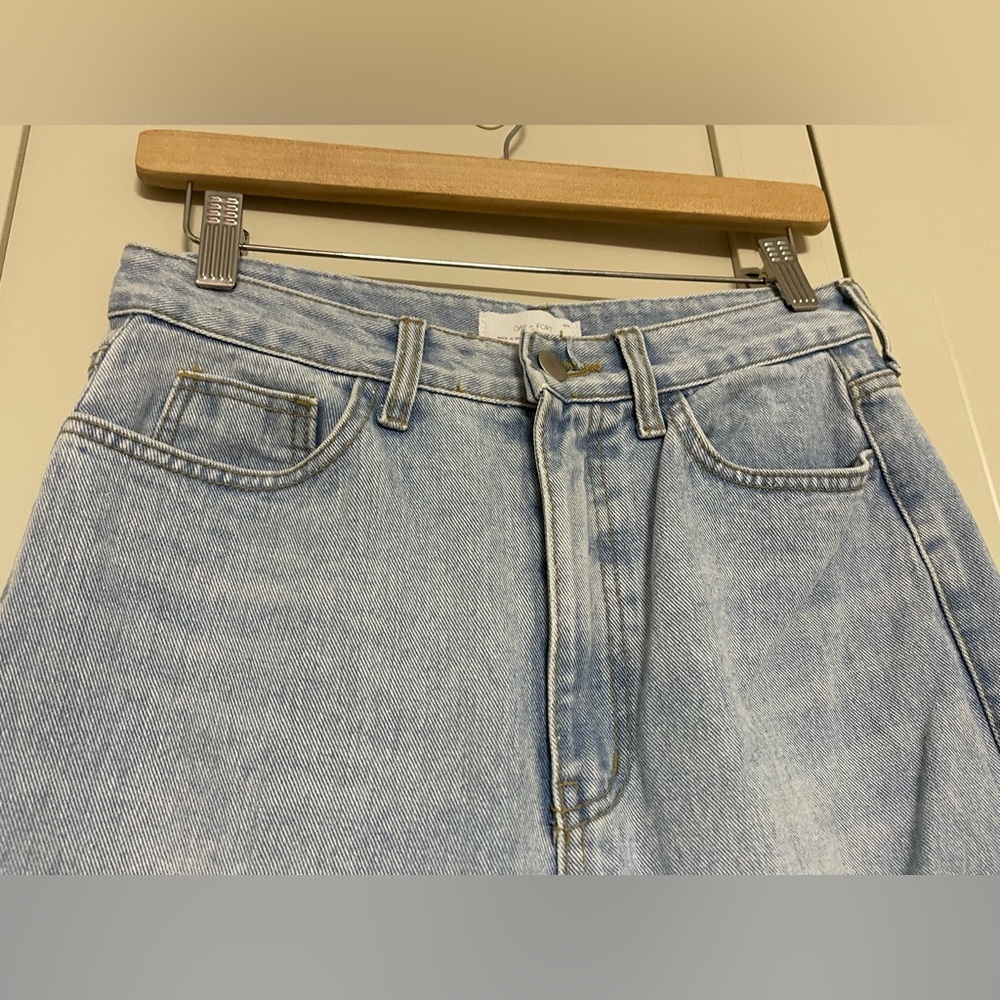 OAK + FORT Light Blue Straight Leg Jeans with Distressed Thigh - Picture 7 of 12